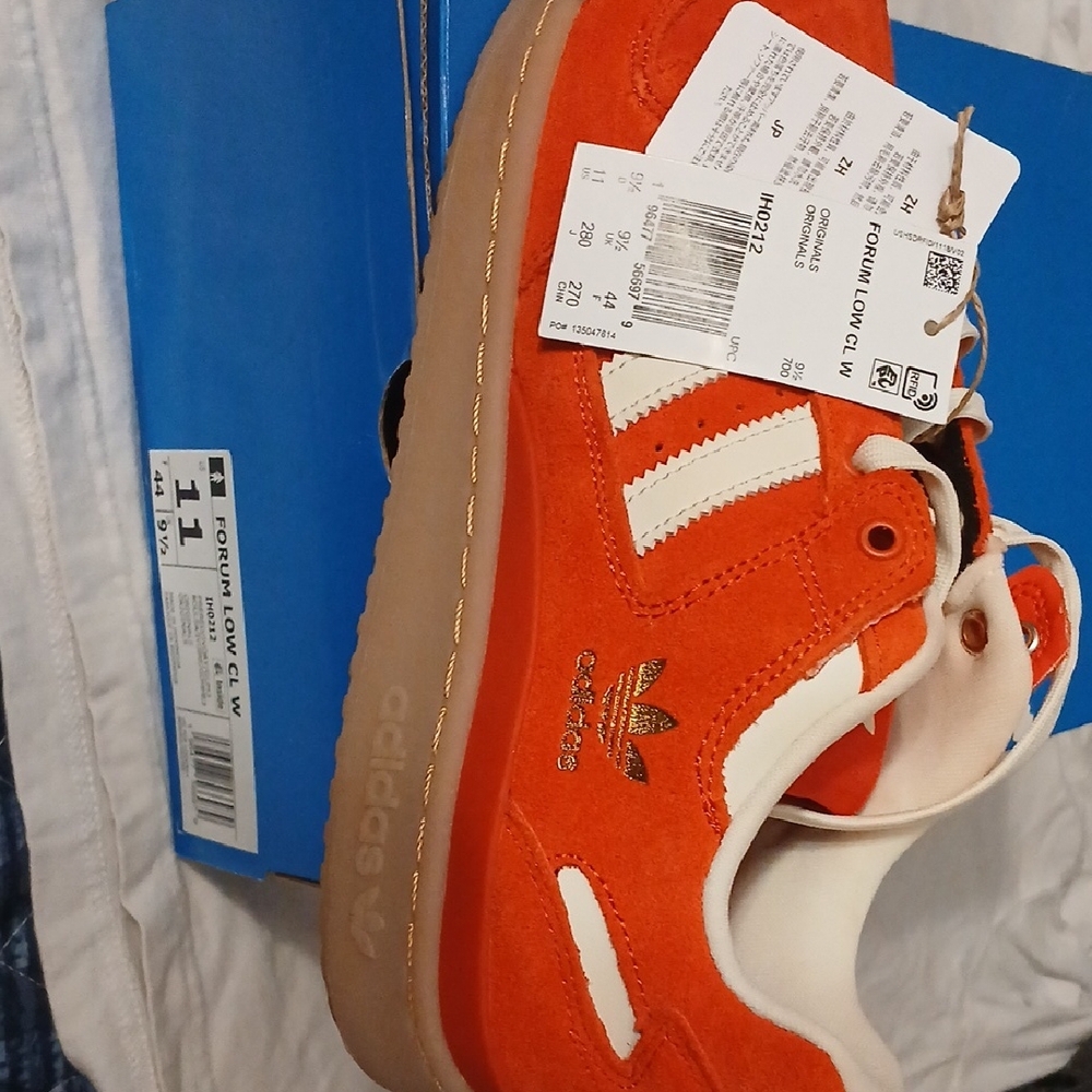 adidas Kids Forum Low Suede Sneaker — Orange with White Stripes